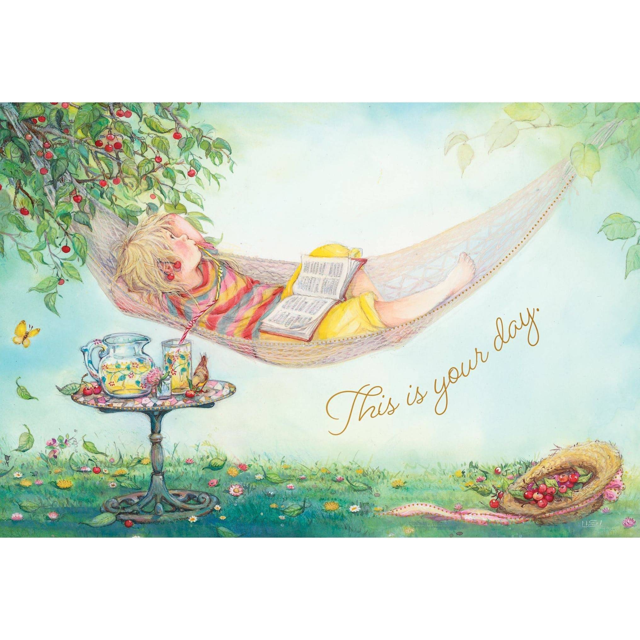 Pictura relaxing hammock birthday card by Lisi Martin featuring a serene hammock scene, perfect for celebrating special occasions.